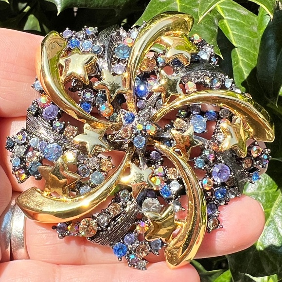VINTAGE JOAN RIVERS SHOOTING STAR COSMIC GALAXY RHINESTONES GOLD TONE BROOCH PIN
